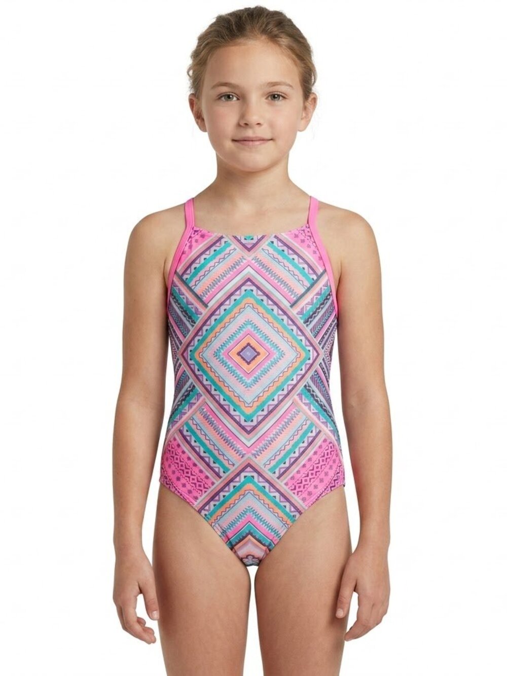Kids Art Class Girls One Piece Swimsuit Blue Geometric L 10/12 Criss Cross Back